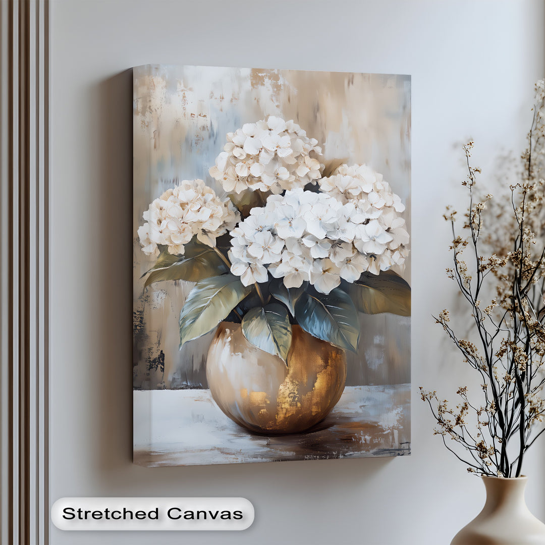 Hydrangea Harmony – elegant white flower canvas print in golden vase.

