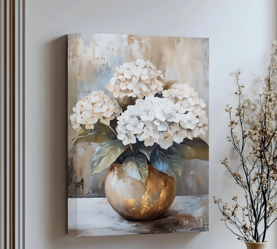 Hydrangea Harmony – elegant white flower canvas print in golden vase.

