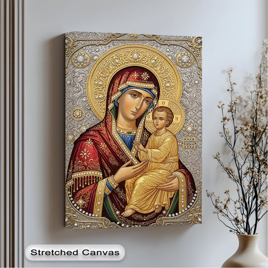 Striking color contrast on this premium canvas decor highlights the Virgin Mary and Child icon with radiant gold and silver against deep red and blue.