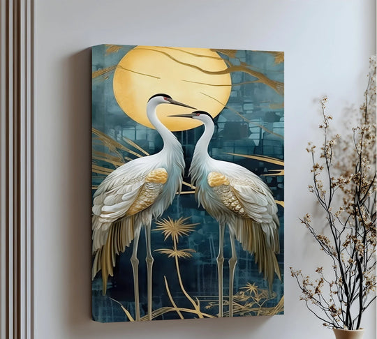 High color saturation brings the golden cranes and full moon to life in this big canvas prints wall art.