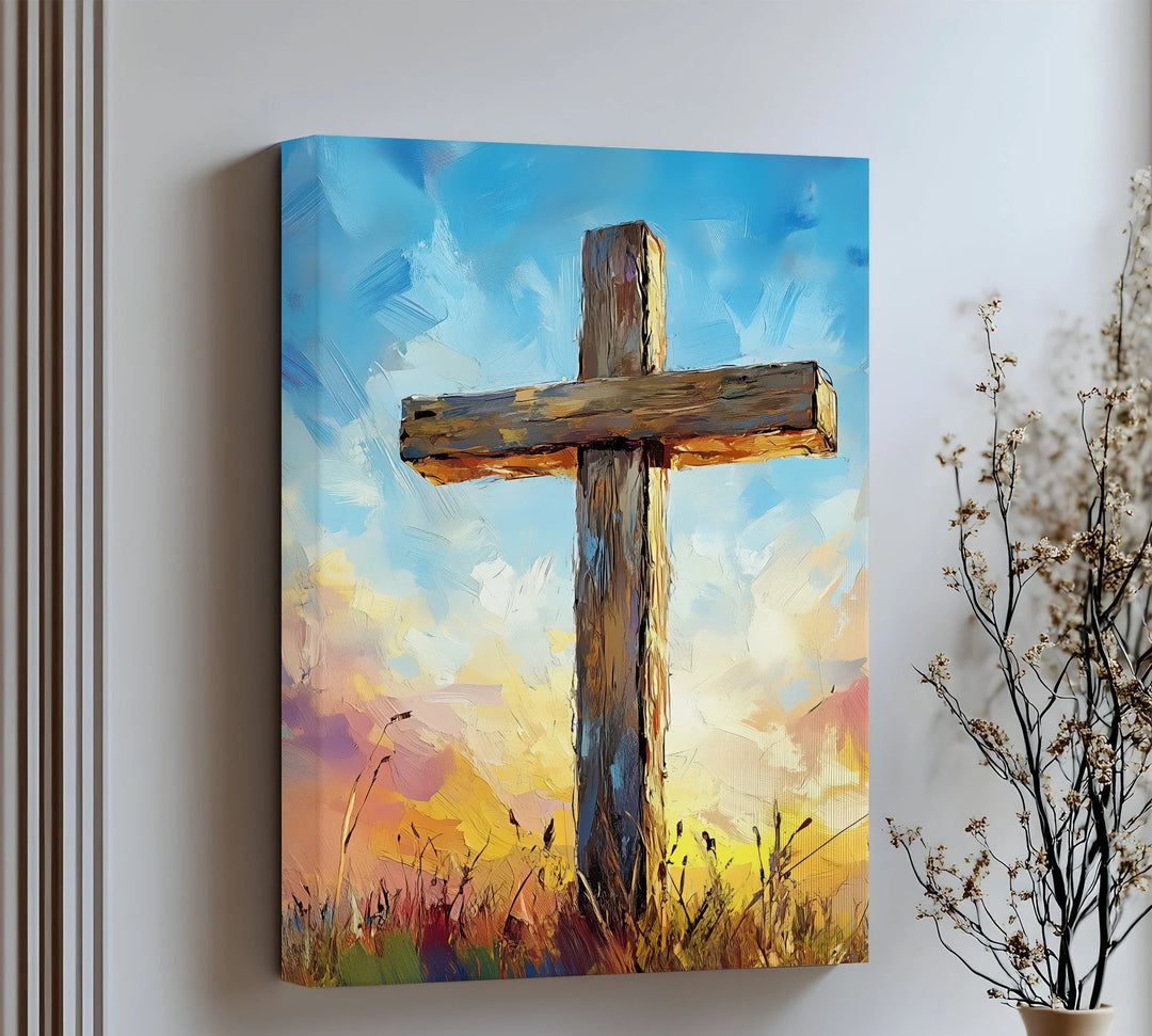 Inspirational canvas print of a wooden cross at sunrise. A perfect Christian wall art piece for devotion, faith, and hope-filled spaces.