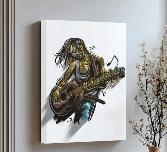 White is the main color in this cartoon canvas wall art print featuring an electric grunge guitarist, creating a striking musical visual.