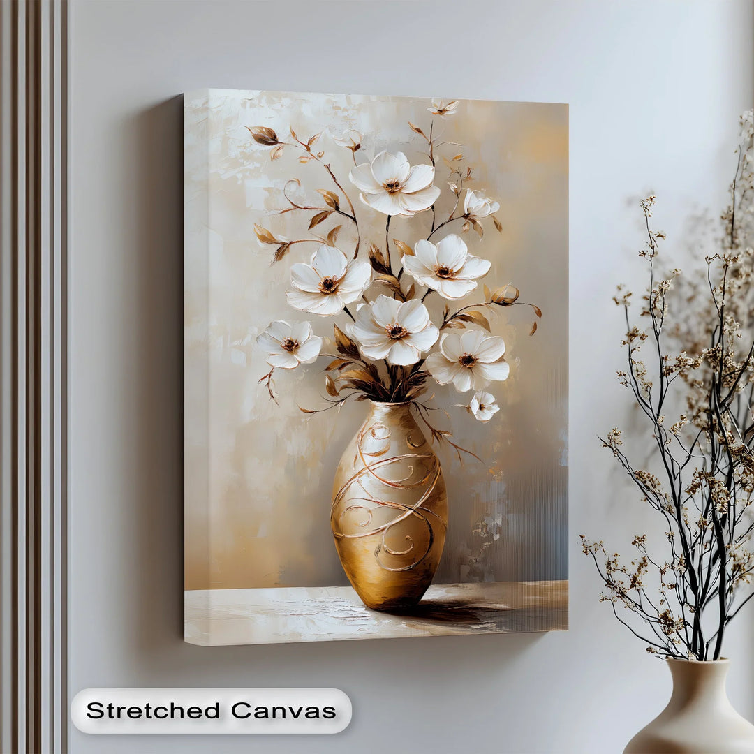 Golden Vase Elegance – white floral canvas print with classic charm.


