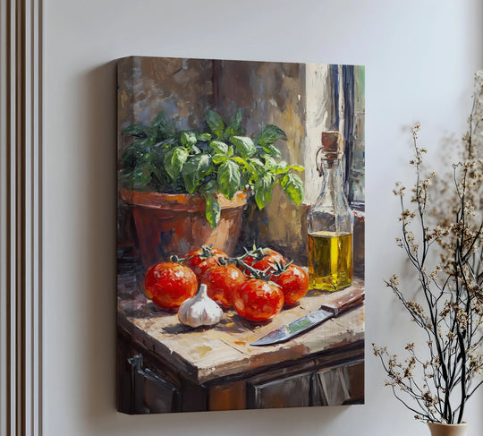 The focal point features a cluster of ripe tomatoes and garlic on a weathered wooden surface in this high quality canvas prints rendition of a Tuscan kitchen still life.