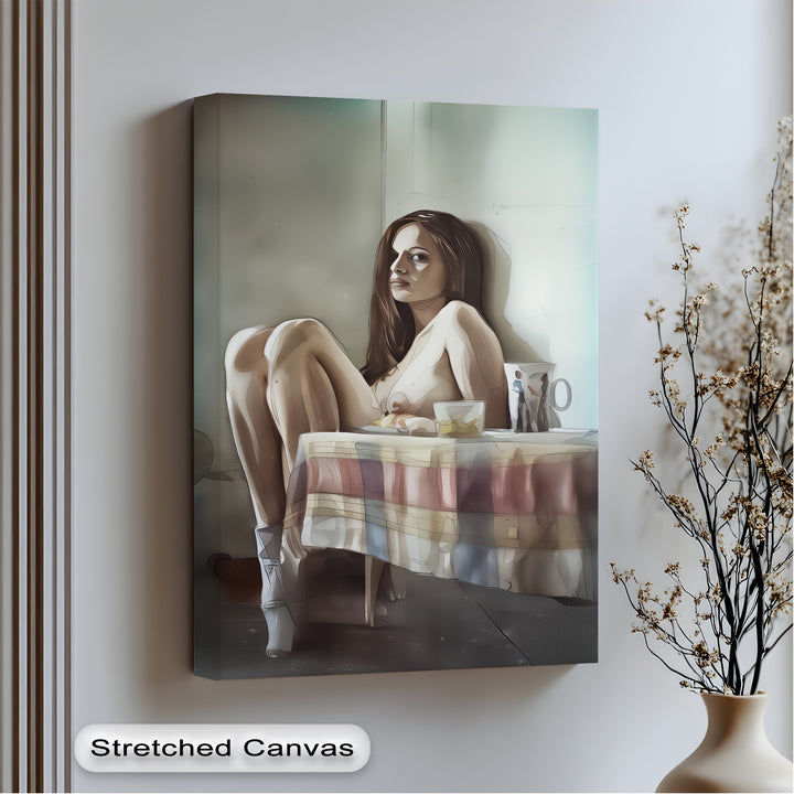 Melancholic Nude with Coffee Mug – Nude Canvas Art | Framed Art