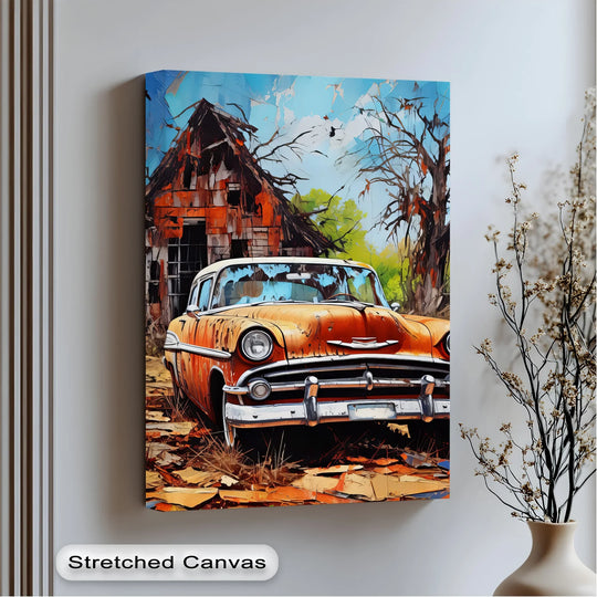Rust & Remnants – Abandoned Vintage Chevy by a Forgotten Barn Canvas Print - MyPhotoStation