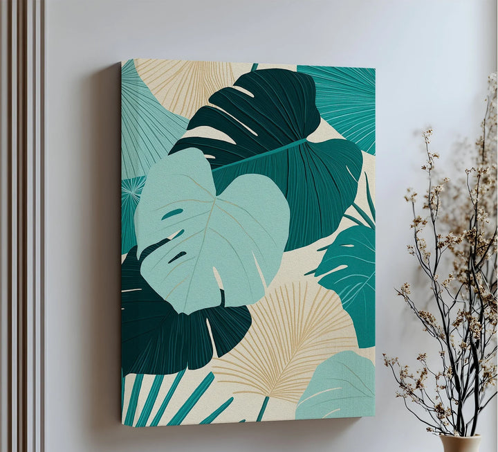 Tropical Oasis – Teal and Beige Monstera Canvas Print - MyPhotoStation