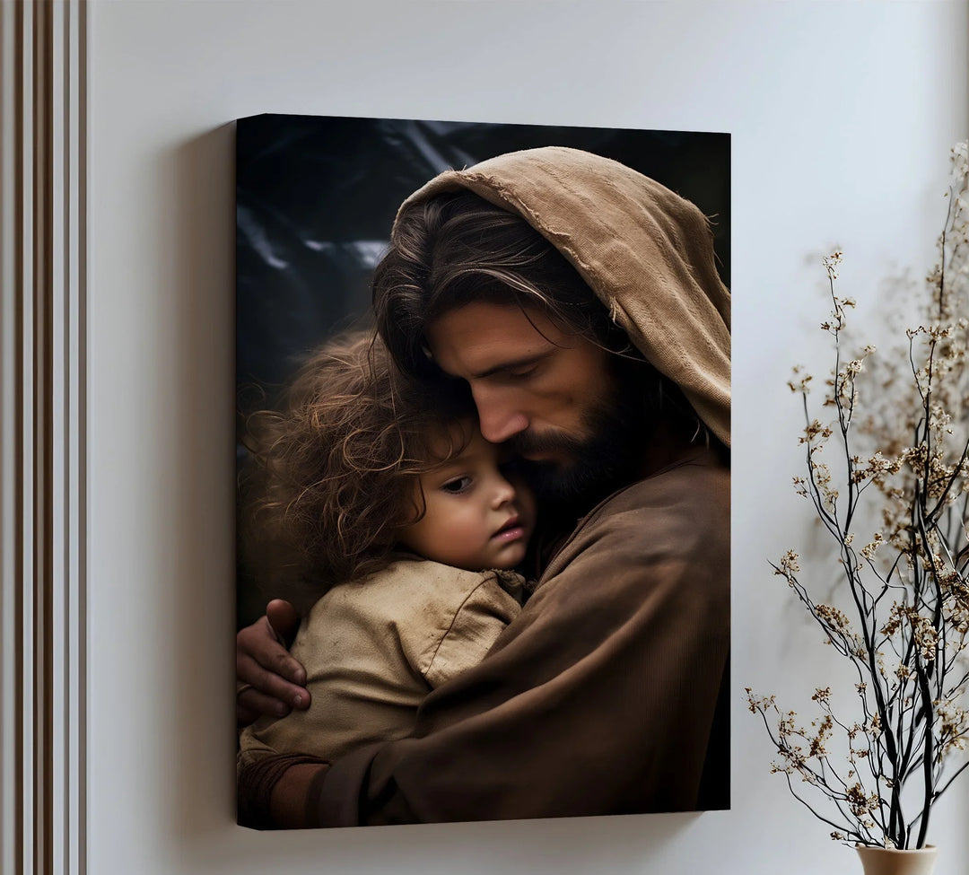 Feel divine protection with this tender canvas wall art of Christ embracing a child.

