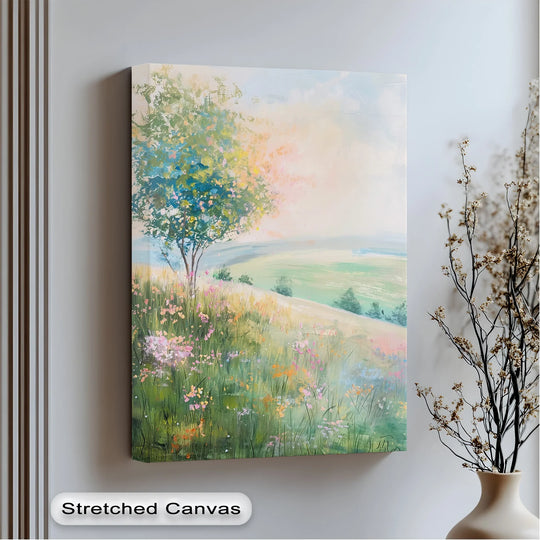 Highlighting the finish, the ready-to-hang Blossom Breeze hillside canvas wall art showcases a clean, gallery-worthy aesthetic with a spring meadow landscape.