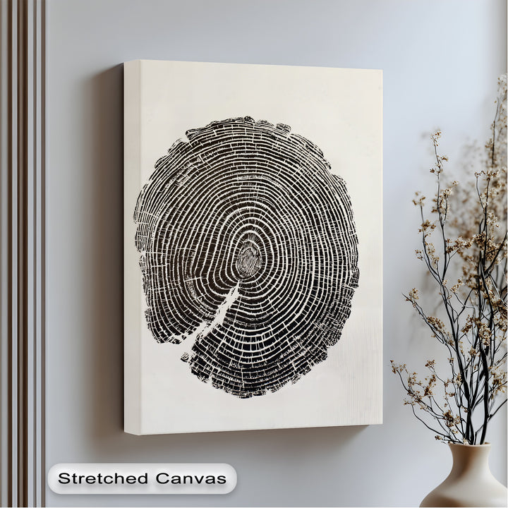 Gallery-worthy finish on the minimalist tree ring canvas print showcases the intricate wood grain pattern as a stunning piece of canvas artwork.