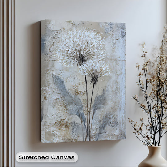 Negative space accentuates the textured dandelion floral canvas painting, providing a subtle contrast and airy feel to this unique canvas print.
