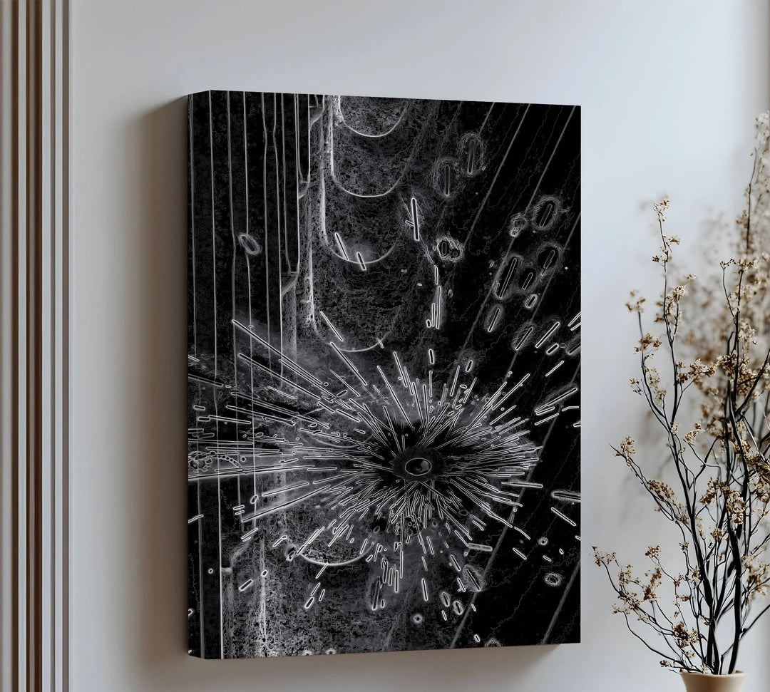 Energy explodes from the center in this electrifying black-and-white canvas wall art.

