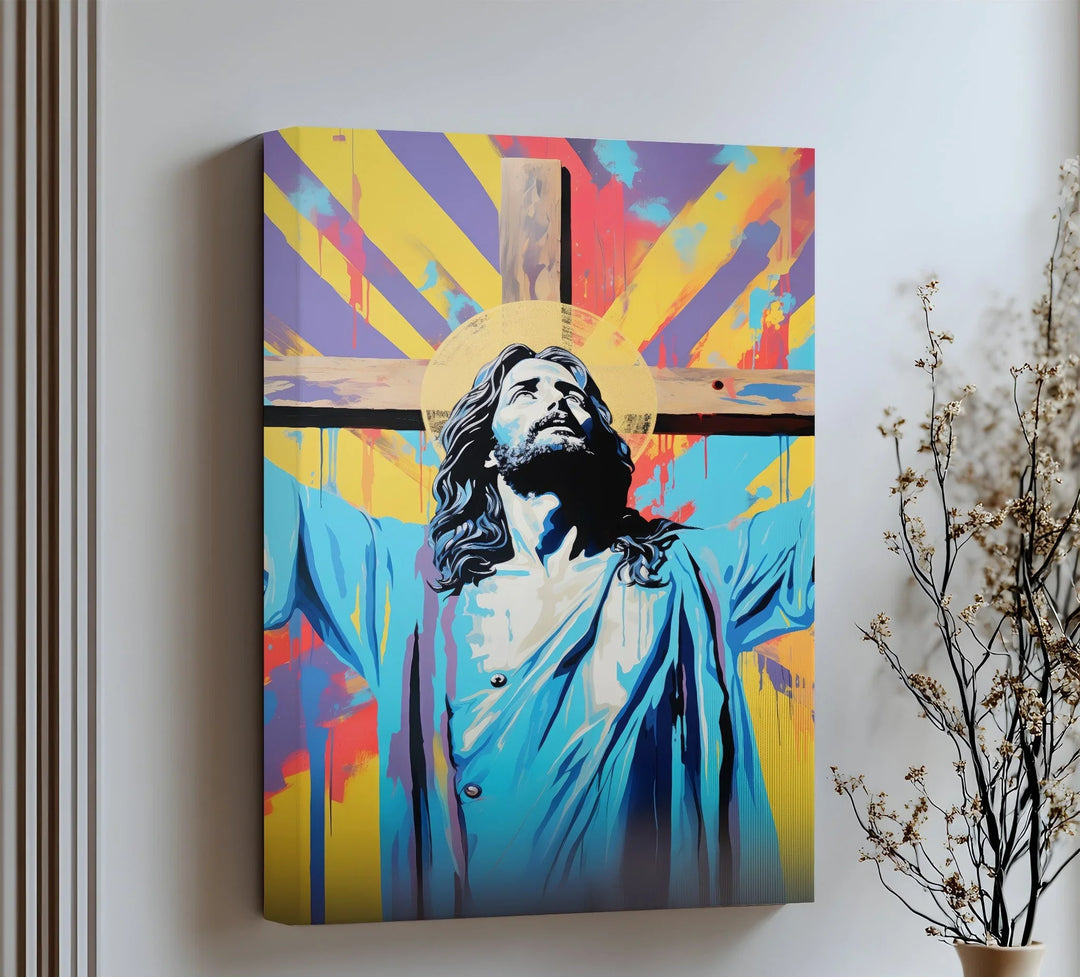 Celebrate divine strength through this vibrant canvas wall art, showcasing Jesus with radiant color and bold reverence.

