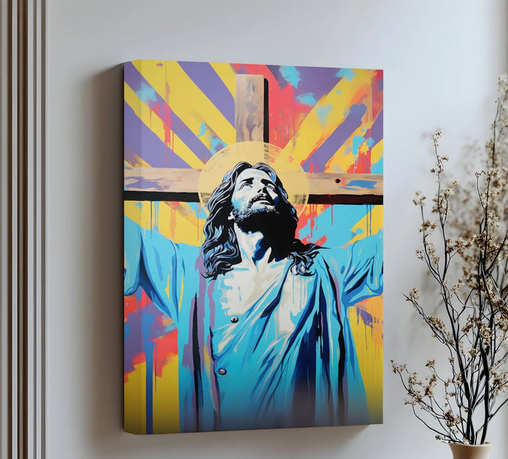 Celebrate divine strength through this vibrant canvas wall art, showcasing Jesus with radiant color and bold reverence.

