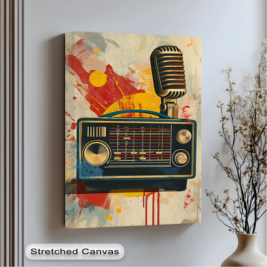 Dominant beige hues highlight the Broadcast Vibes vintage radio and microphone canvas artwork, a colorful and retro design for music enthusiasts.