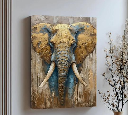 The darkest area accentuates the majestic elephant head, a wildlife canvas art prints piece showcasing golden textures and a highly detailed design.