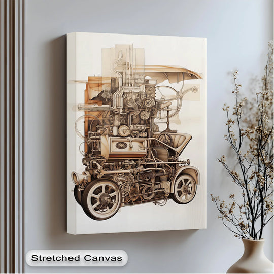 Sepia-toned industrial blueprint engine study on premium canvas decor showcases a vintage car's complex internal mechanics with warm, monochromatic hues.