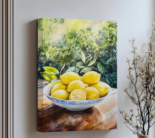 Highlighting the layering effect, this sunlit lemons in porcelain bowl image features a Mediterranean kitchen canvas print on a framed canvas.