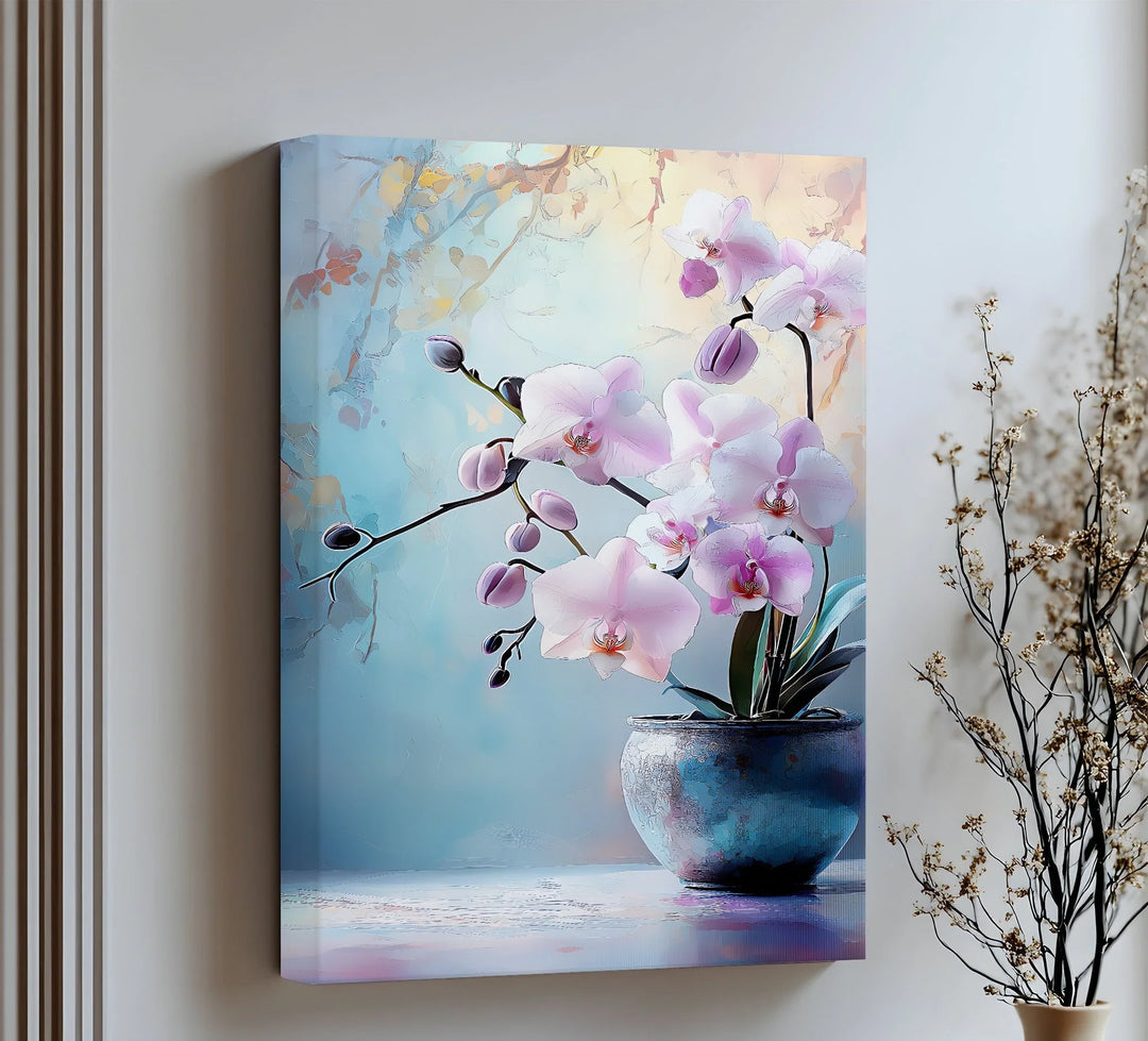 Blush Orchid Bloom – elegant orchid flower canvas print in blue tones.

