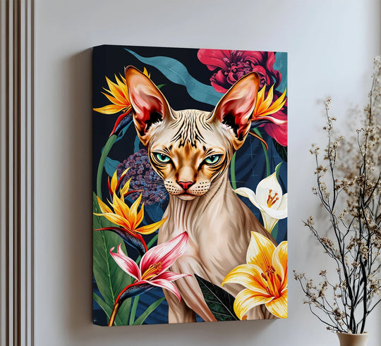 Subtle surface texture highlights the fine detail of the Mystique in Bloom cat canvas art prints, showcasing a Sphynx cat among tropical flowers.