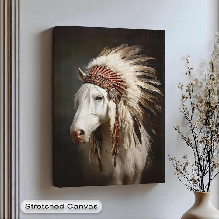White Horse with Feathered Headdress - Horse Canvas Print