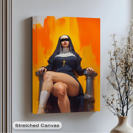 The provocative nun is the focal point in this bold big canvas prints art, blending religious symbolism and sensuality, and framed for a gallery-worthy finish.