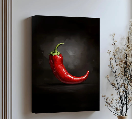 Dominating the composition, the stark negative space amplifies the fiery red chili pepper in this premium canvas decor, creating a striking kitchen canvas print.