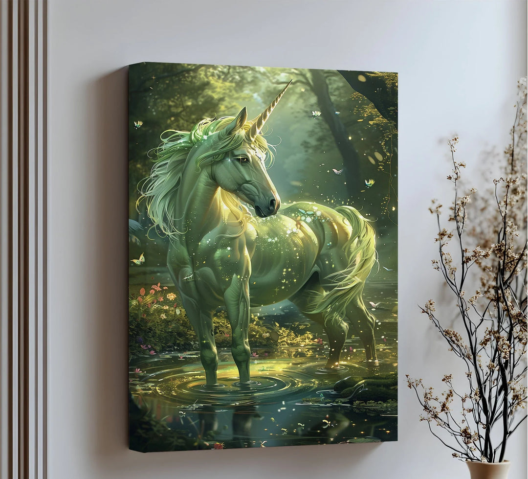 Glowing Green Unicorn in Enchanted Pond - Animal Canvas Print - MyPhotoStation