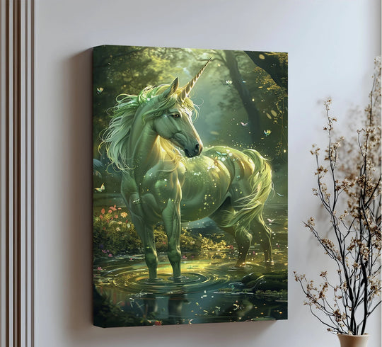 Lush green hues create a serene color contrast against the light, highlighting the big canvas prints depiction of a glowing unicorn in an enchanted pond.