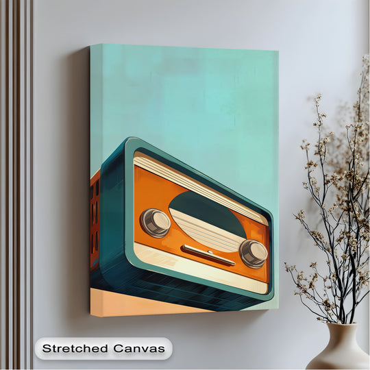 With radiant color saturation, a tangerine waves minimal retro radio premium canvas decor print showcases an eye-catching vintage design in vibrant orange and teal.
