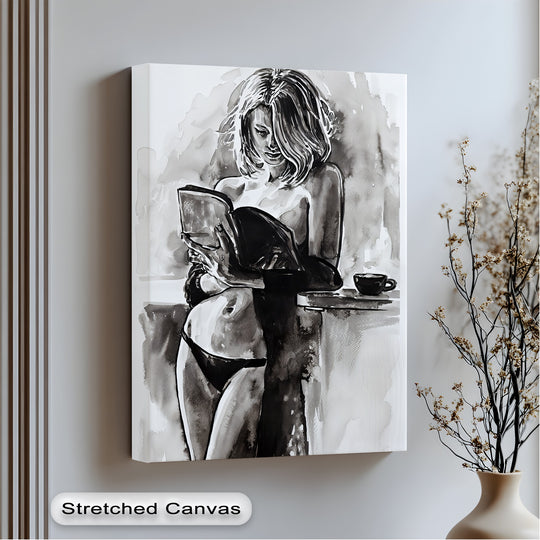 Stretched canvas shows the black and white ink art of a sensual woman reading, a high quality canvas prints perfect for modern art decor.