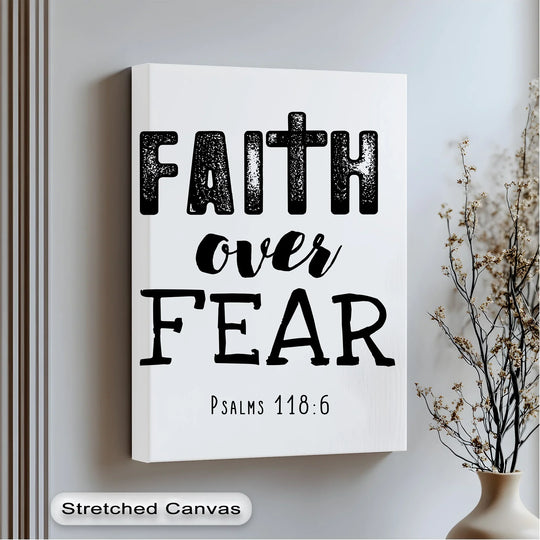 Sharp color contrast accentuates the 'Faith Over Fear' message on this inspirational canvas painting featuring a cross symbol.