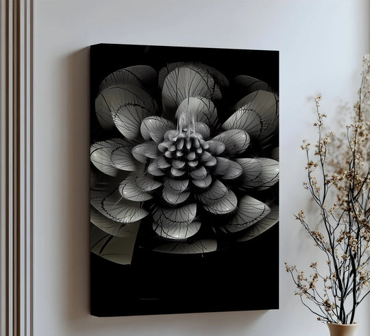 Crafted with a smooth finish, this framed canvas showcases the abstract flower canvas print, Fractal Bloom, in striking monochrome detail.