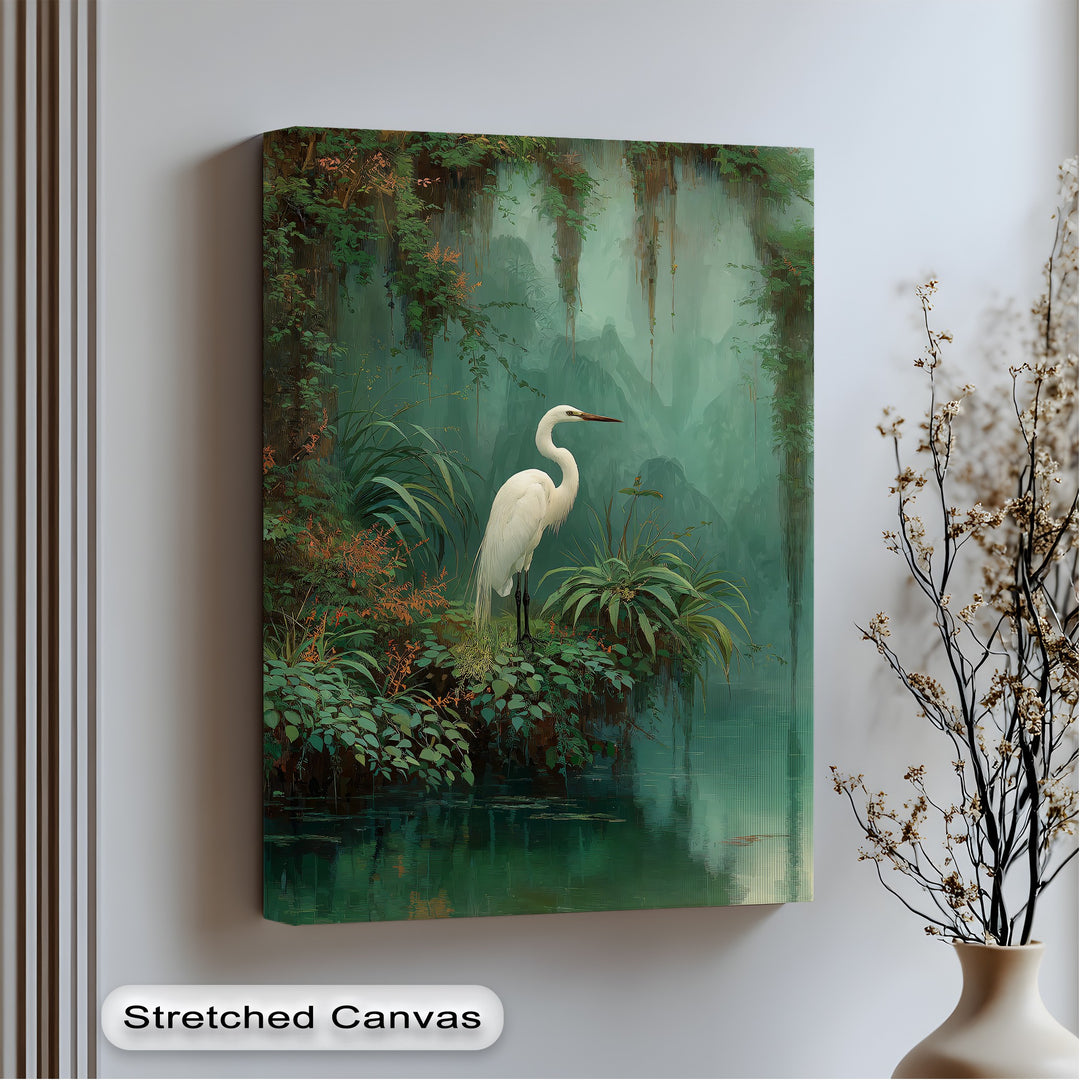Standing gracefully, the central heron dominates this mystic jungle canvas print, its white form a striking contrast in this lush canvas painting.