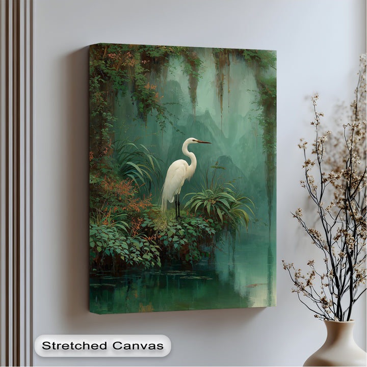 Standing gracefully, the central heron dominates this mystic jungle canvas print, its white form a striking contrast in this lush canvas painting.