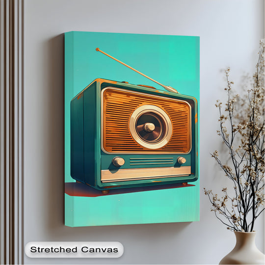 Vintage-inspired radio design showcases the loudest element, its speaker, brought to life as a nostalgic abstract canvas art print in teal and orange.