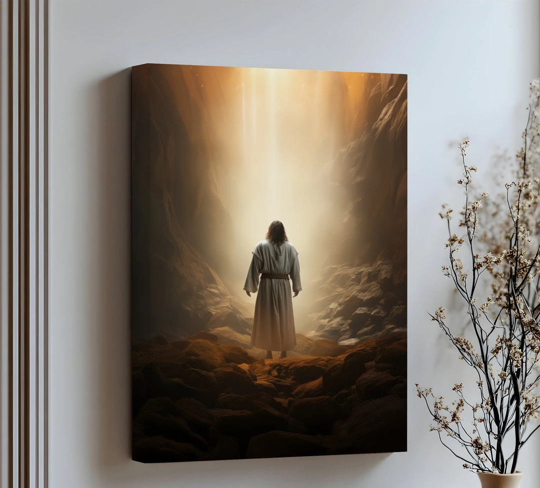 A burst of divine light fills this powerful canvas wall art, capturing Jesus in a moment of sacred revelation.

