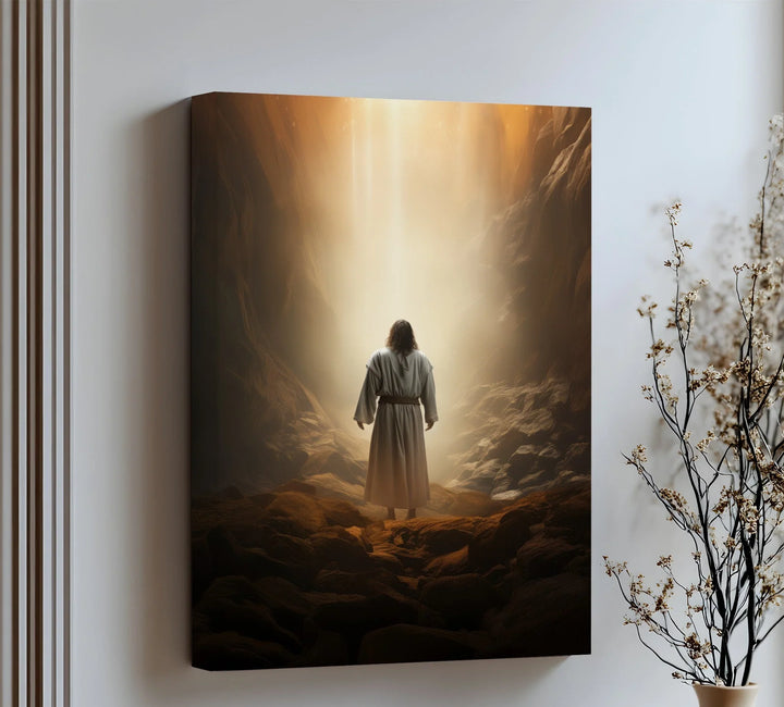 A burst of divine light fills this powerful canvas wall art, capturing Jesus in a moment of sacred revelation.

