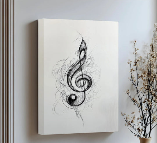 Swirling lines define the loudest element in this abstract treble clef line art canvas art print, creating a dramatic musical statement.