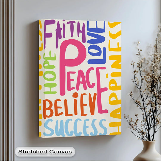 Negative space surrounds each brightly colored word in this motivational typography canvas artwork, creating a striking modern canvas artwork piece with a positive message.