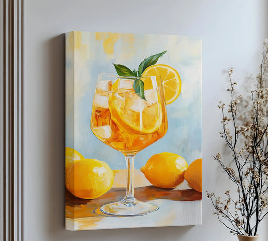 Subtle light and shadow play across the 'Citrus Bliss' lemon cocktail high quality canvas prints, highlighting the icy drink and juicy lemons.