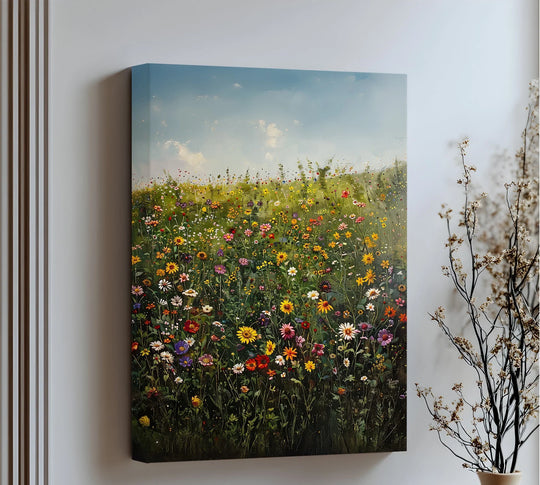 Highlighting the wrapped edge and clean borders of this 'Blooming Meadow' canvas wall decor print, ideal for enhancing any gallery-style display.