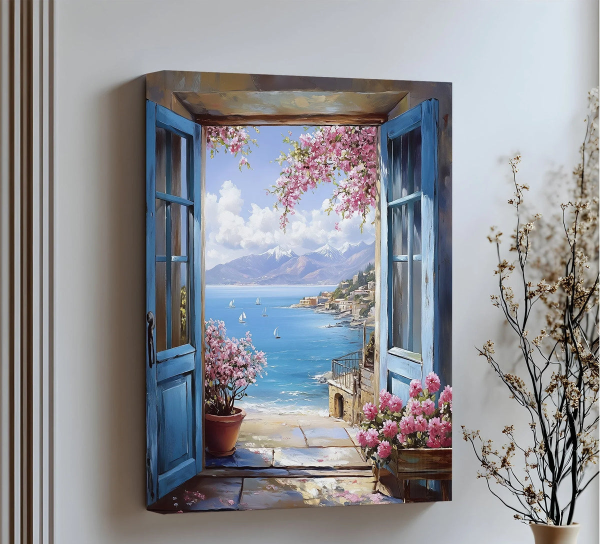 Mediterranean seascape landscape canvas print viewed through an open window