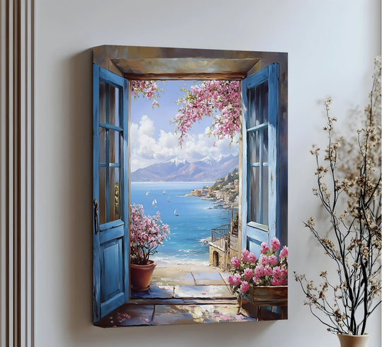 High color saturation enhances the Mediterranean seascape view through an open window, making it one of the best canvas prints.