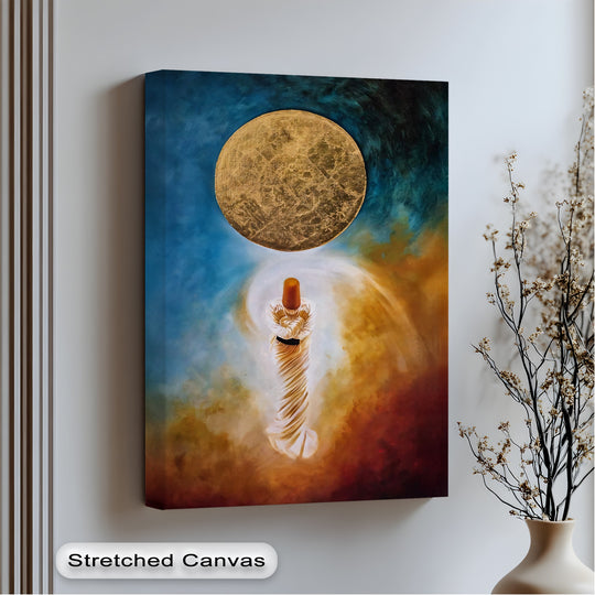 Encapsulated in swirling light, the central Sufi dervish figure stands beneath a golden moon, beautifully displayed on one of the best canvas prints available.