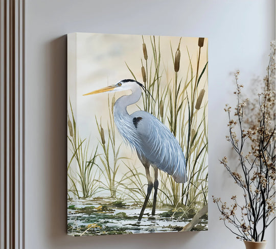 Sharp color contrast highlights the majestic heron in this realistic bird canvas wall art, accentuating the muted marshland backdrop with its tall reeds.