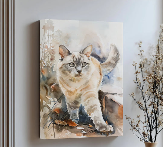 Cream and brown dominate this 'Autumn Stroll' canvas print, depicting a watercolor cat walking through a garden, a charming addition to your canvas pictures.