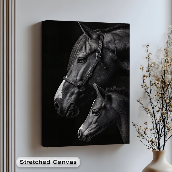 Eternal Bond – Mother and Foal on Black Canvas Print