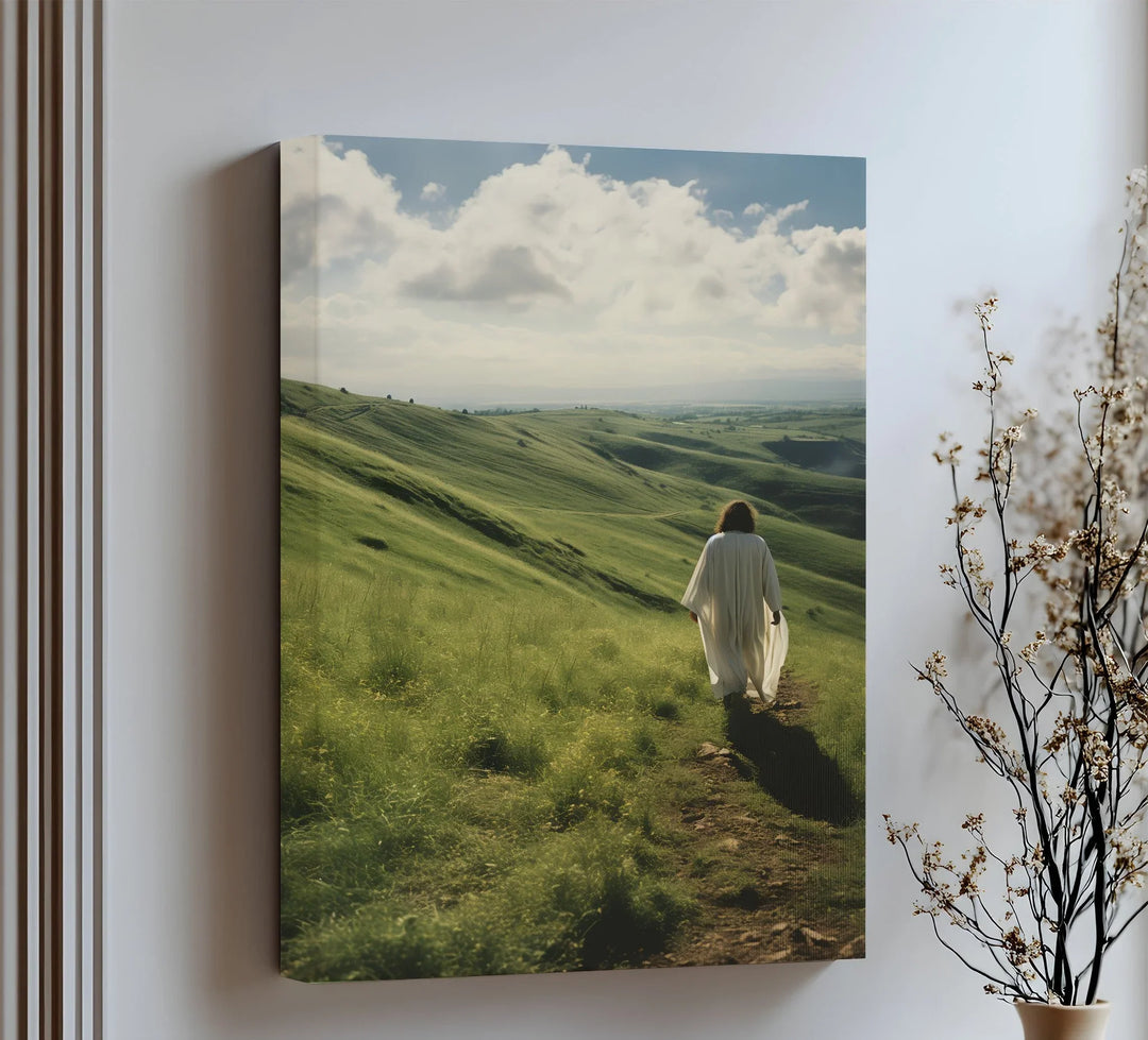 Embrace serenity with this peaceful canvas wall art of Jesus walking through green pastures.

