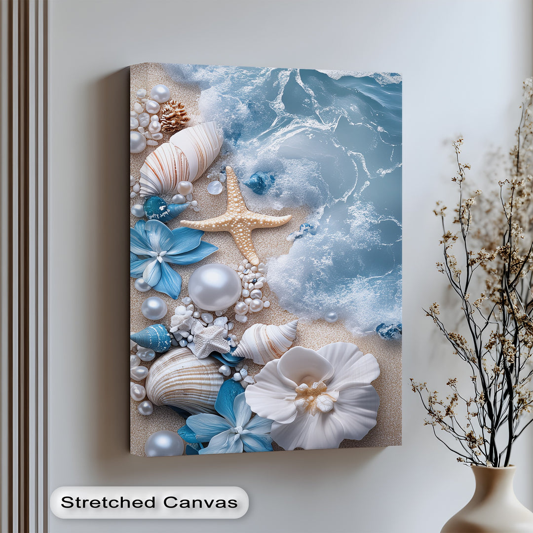 Elegance meets the shore in this luxurious canvas print of pearls, shells, and surf.

